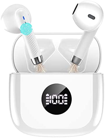 Wireless Earbuds, Bluetooth 5.3 Headphones in Ear HiFi Stereo, Mini Wireless Headphones with Noise Cancelling Microphone, 40H Playtime and LED Digital Display, IP7 Waterproof Wireless Earphones, White
