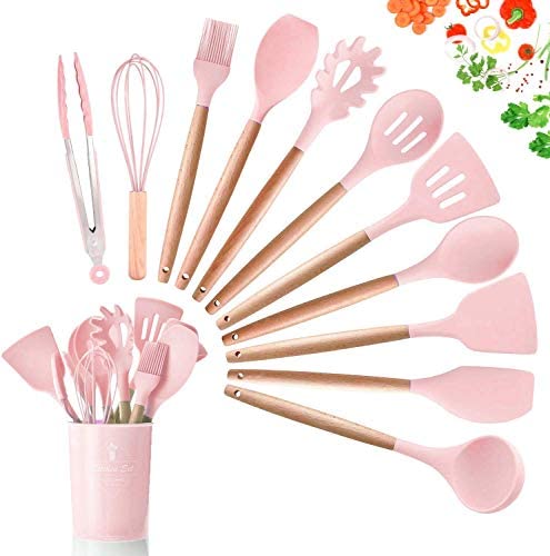 SGAONSN Kitchen Utensil Set, Silicone Cooking Utensils with Natural Wooden Handles,Nonstick Kitchen Tool Turner Tongs (12pcs) Pink