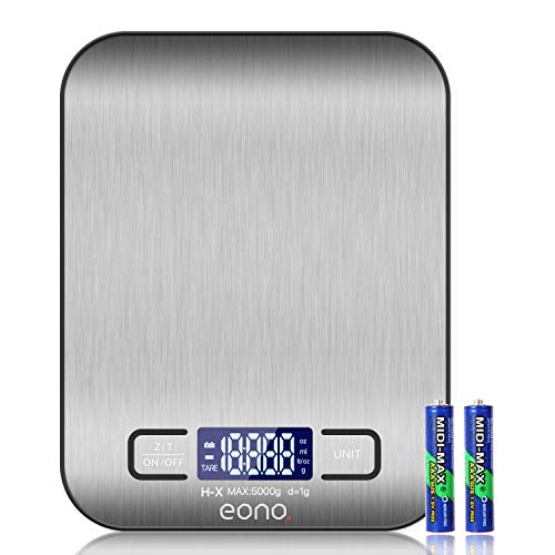 Amazon Brand – Eono Digital Kitchen Scale, Premium Stainless Steel Food Scales Weight Grams and Oz for Baking and Cooking 5KG