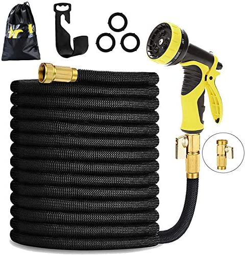 HmiL-U Garden Hose 50ft 15m Strongest Double Latex Inner Tube Prevent Leaking Magic Hosepipe with 9 Function Spray Gun+Solid Brass Fittings (Retracted Length 17ft)【2 YEARS 100% Guaranteed】(50ft)