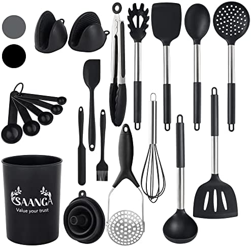 SAANGA Silicone Kitchen Utensil Set 21 Pcs Non-Stick Heat Resistant Cookware, Food Grade and Dishwasher Safe Cooking Utensils with Holder (Black)
