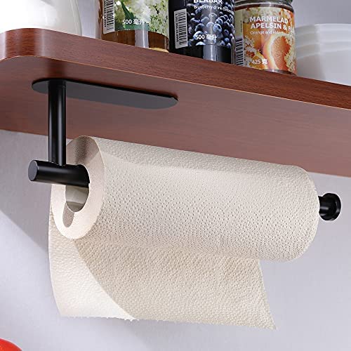 Deprik Black Kitchen Roll Holder under Cabinet – Self Adhesive Paper Towel Holder Stick on Wall, SUS304 Stainless Steel