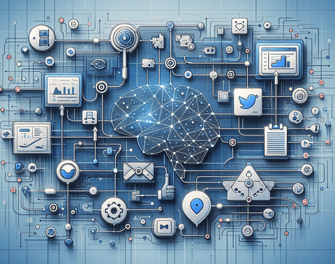 Modern workflow automation diagram showing AI-powered social media posting system with connected nodes and data flow