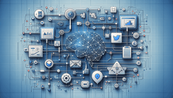 Modern workflow automation diagram showing AI-powered social media posting system with connected nodes and data flow